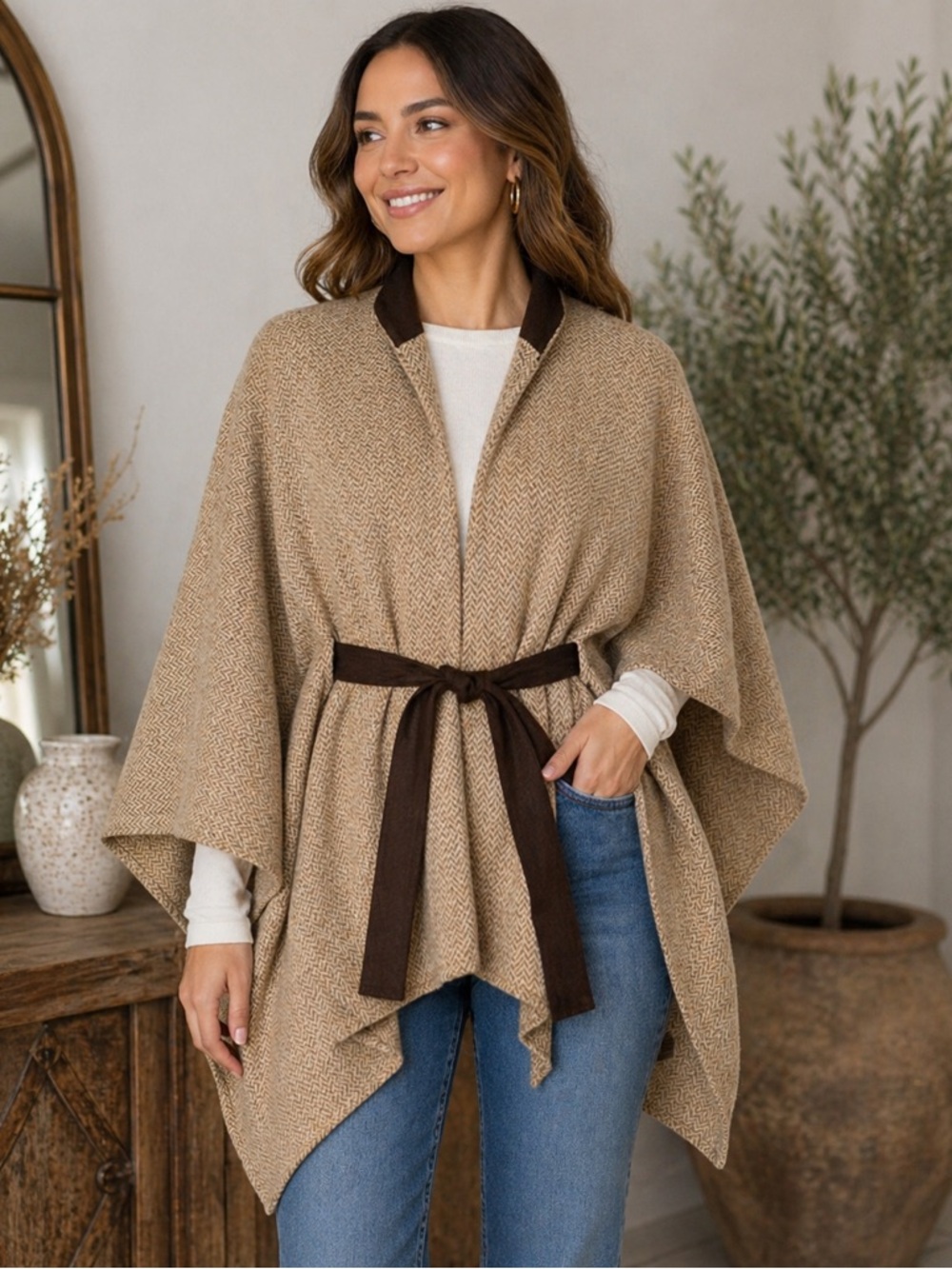Soft Surroundings Herringbone Tweed Poncho‎ Cape Wrap Belted S/M